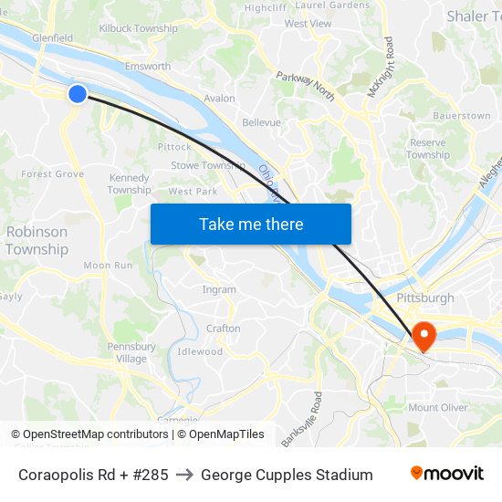 Coraopolis Rd + #285 to George Cupples Stadium map