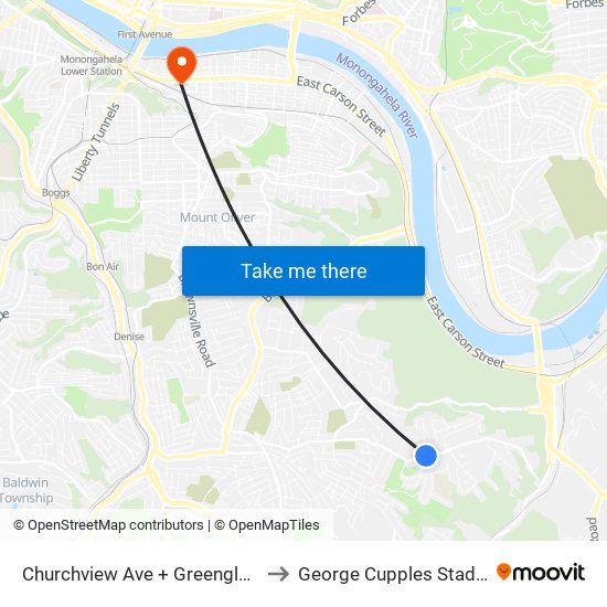 Churchview Ave + Greenglen Dr to George Cupples Stadium map