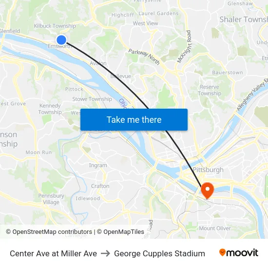 Center Ave at Miller Ave to George Cupples Stadium map