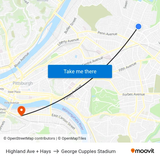 Highland Ave + Hays to George Cupples Stadium map