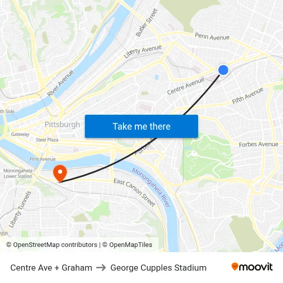 Centre Ave + Graham to George Cupples Stadium map