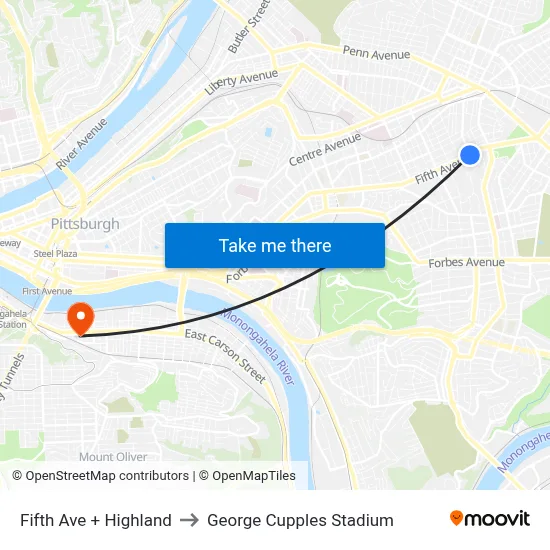Fifth Ave + Highland to George Cupples Stadium map