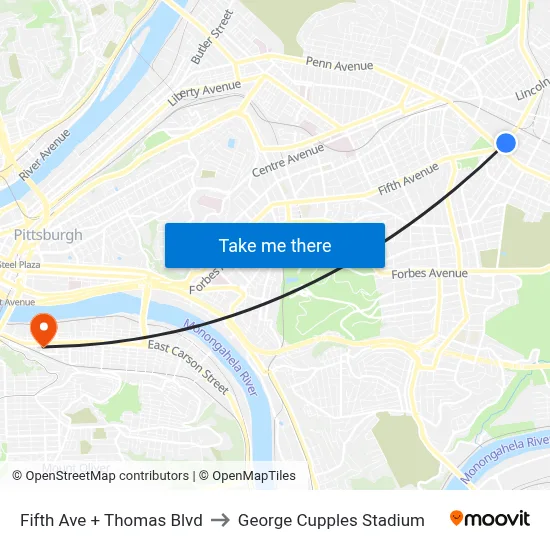 Fifth Ave + Thomas Blvd to George Cupples Stadium map
