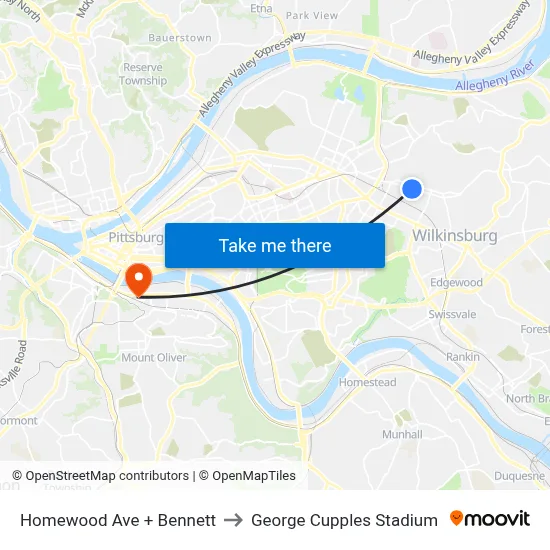 Homewood Ave + Bennett to George Cupples Stadium map