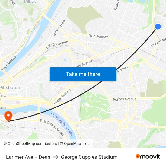 Larimer Ave + Dean to George Cupples Stadium map