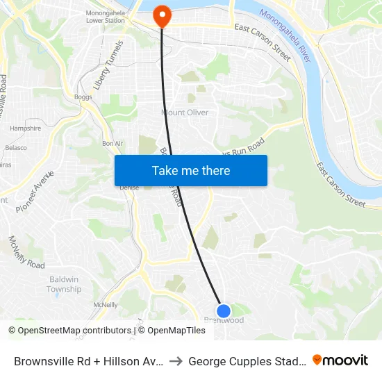 Brownsville Rd + Hillson Ave FS to George Cupples Stadium map