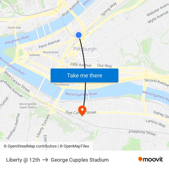 Liberty @ 12th to George Cupples Stadium map