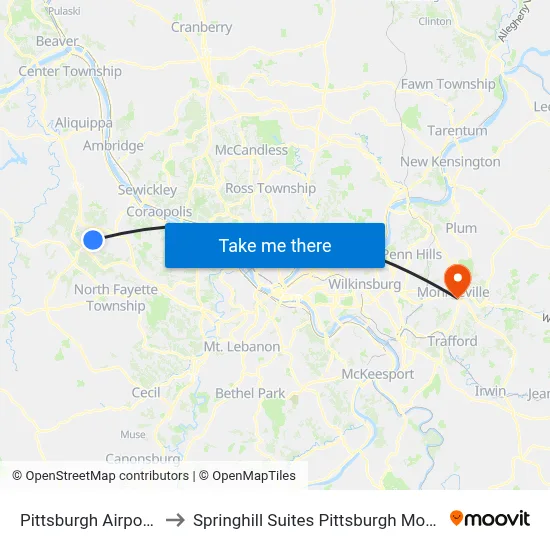 Pittsburgh Airport PIT to Springhill Suites Pittsburgh Monroeville map