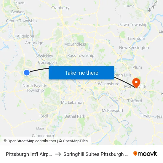 Pittsburgh Int'l Airport (PIT) to Springhill Suites Pittsburgh Monroeville map