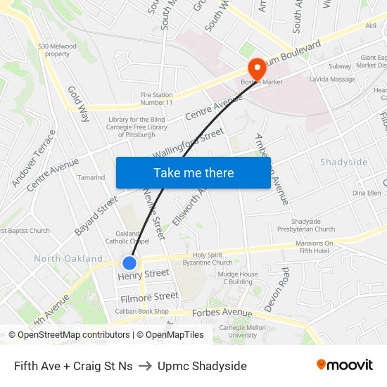 Fifth Ave + Craig St Ns to Upmc Shadyside map