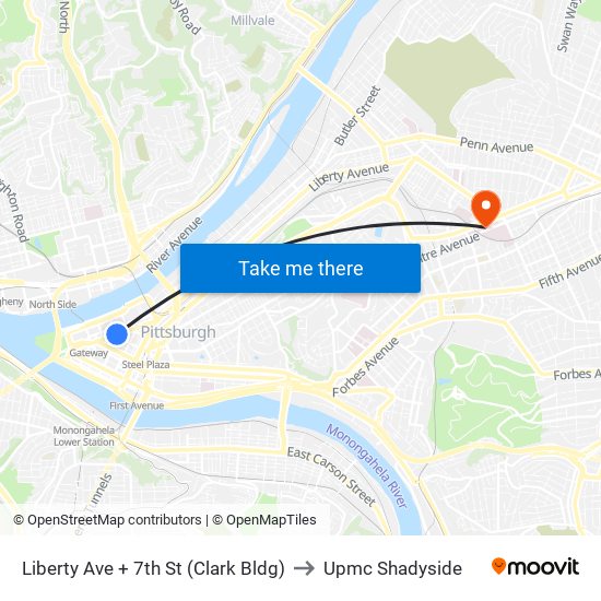 Liberty Ave + 7th St (Clark Bldg) to Upmc Shadyside map