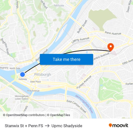 Stanwix St + Penn FS to Upmc Shadyside map