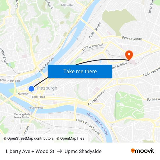Liberty Ave + Wood St to Upmc Shadyside map