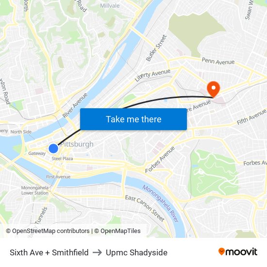 Sixth Ave + Smithfield to Upmc Shadyside map