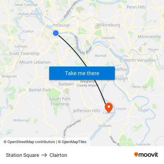 Station Square to Clairton map