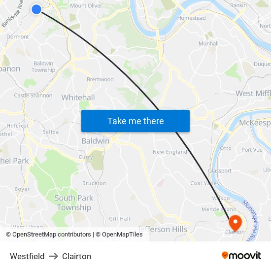 Westfield to Clairton map