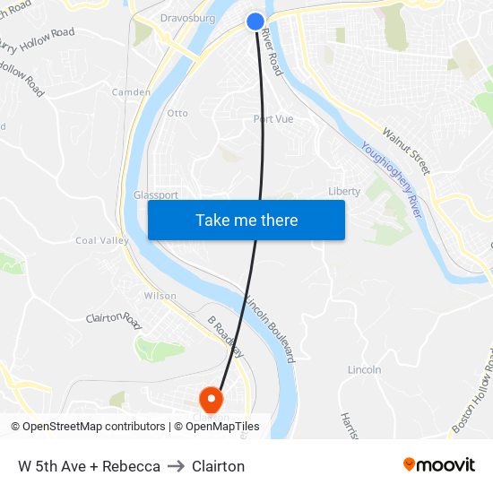 W 5th Ave + Rebecca to Clairton map