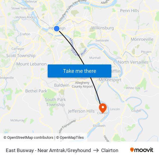 East Busway - Near Amtrak/Greyhound to Clairton map