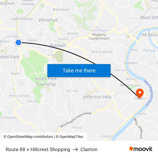 Route 88 + Hillcrest Shopping to Clairton map