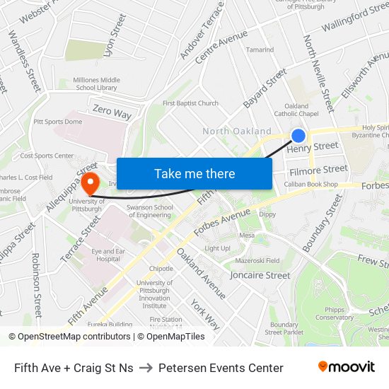 Fifth Ave + Craig St Ns to Petersen Events Center map