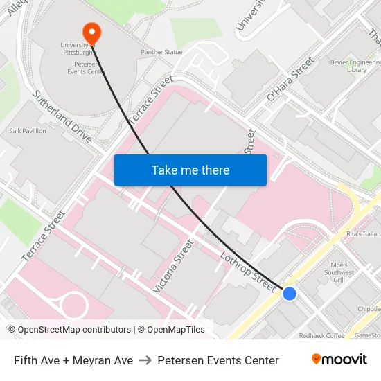 Fifth Ave + Meyran Ave to Petersen Events Center map