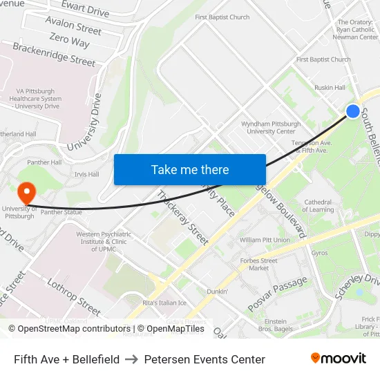 Fifth Ave + Bellefield to Petersen Events Center map