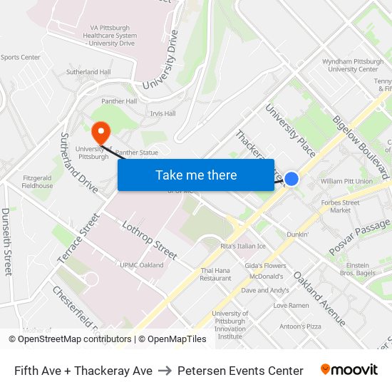Fifth Ave + Thackeray Ave to Petersen Events Center map