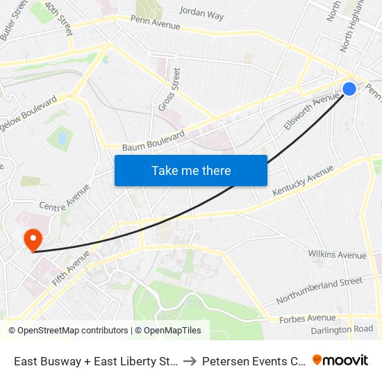 East Busway + East Liberty Station C to Petersen Events Center map