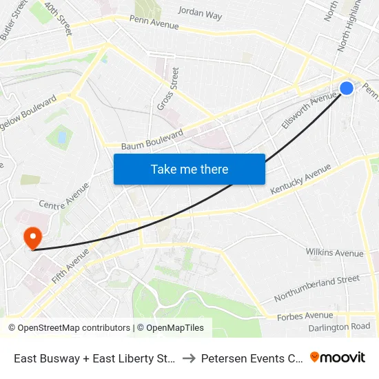 East Busway + East Liberty Station C to Petersen Events Center map