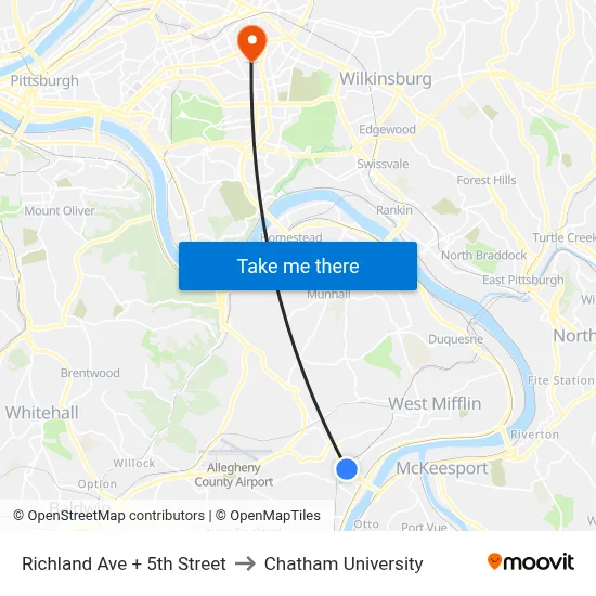 Richland Ave + 5th Street to Chatham University map