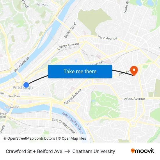 Crawford St + Belford Ave to Chatham University map