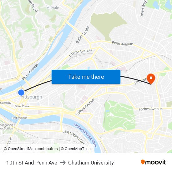 10th St And Penn Ave to Chatham University map