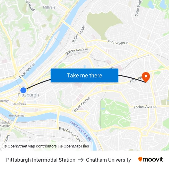 Pittsburgh Intermodal Station to Chatham University map