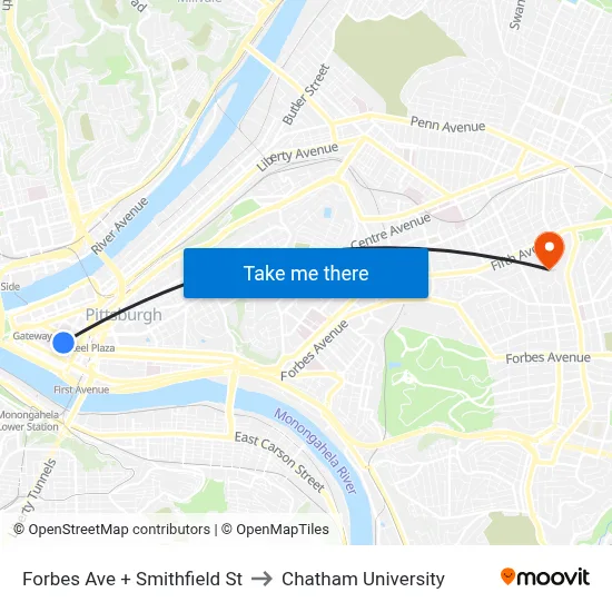 Forbes Ave + Smithfield St to Chatham University map