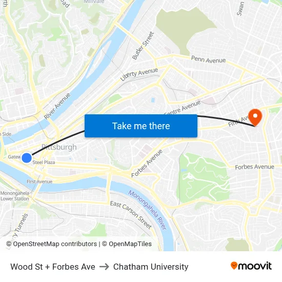 Wood St + Forbes Ave to Chatham University map