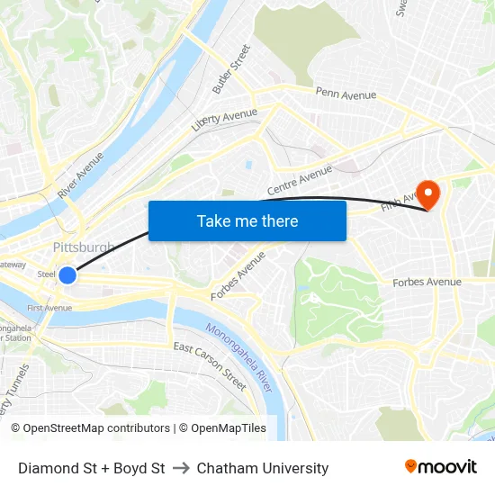 Diamond St + Boyd St to Chatham University map