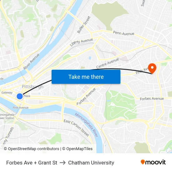 Forbes Ave + Grant St to Chatham University map