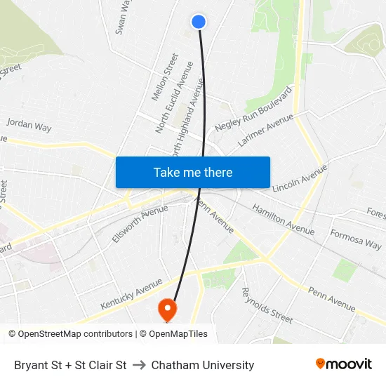 Bryant St + St Clair St to Chatham University map