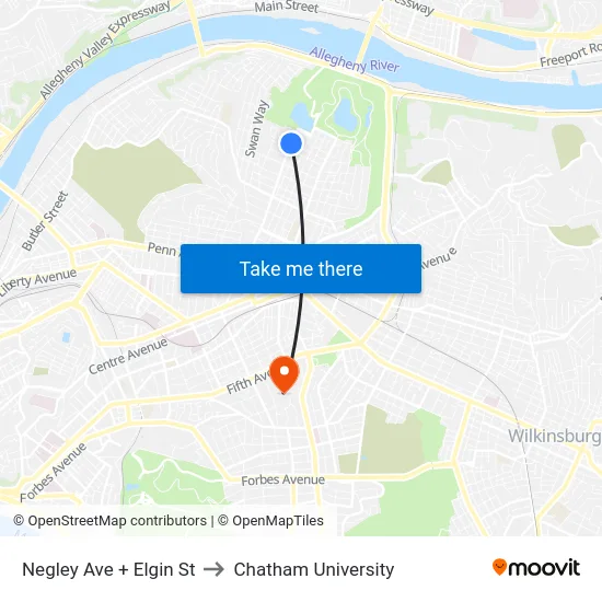 Negley Ave + Elgin St to Chatham University map