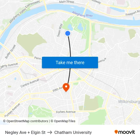 Negley Ave + Elgin St to Chatham University map