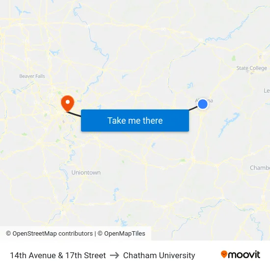 14th Avenue & 17th Street to Chatham University map