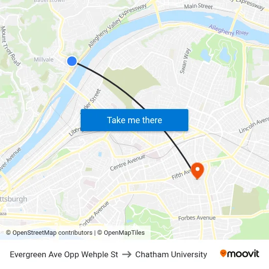 Evergreen Ave Opp Wehple St to Chatham University map