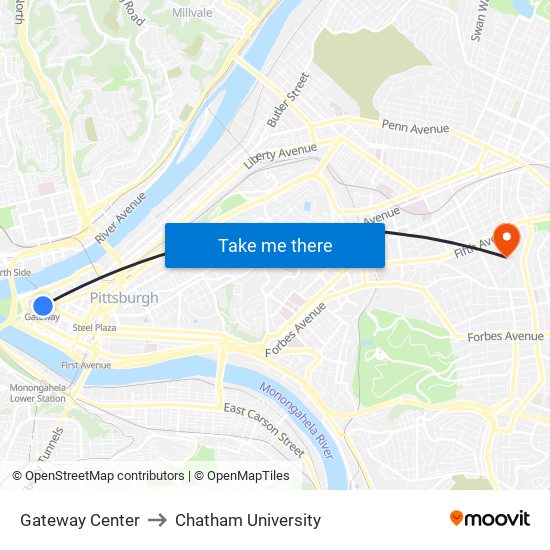 Gateway Center to Chatham University map