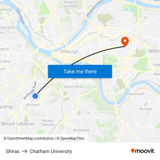 Shiras to Chatham University map