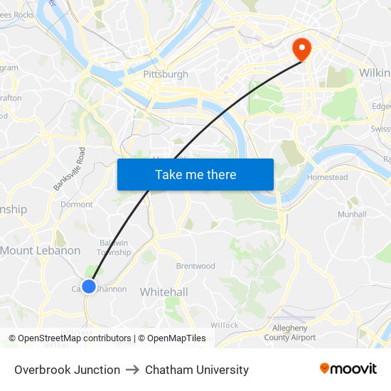 Overbrook Junction to Chatham University map