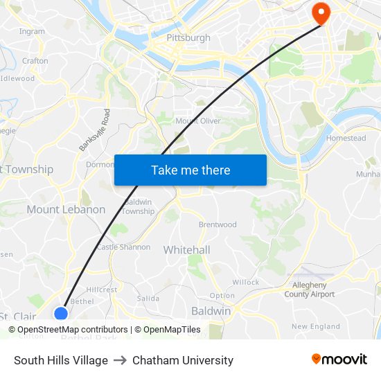 South Hills Village to Chatham University map