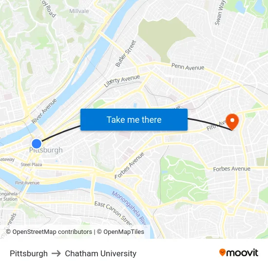 Pittsburgh to Chatham University map