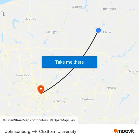 Johnsonburg to Chatham University map