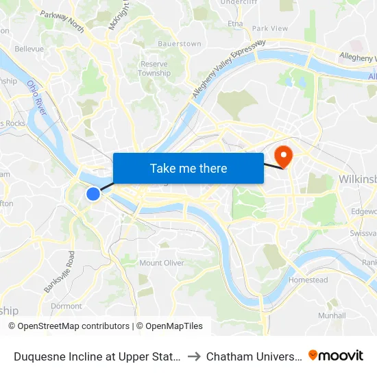 Duquesne Incline at Upper Station to Chatham University map