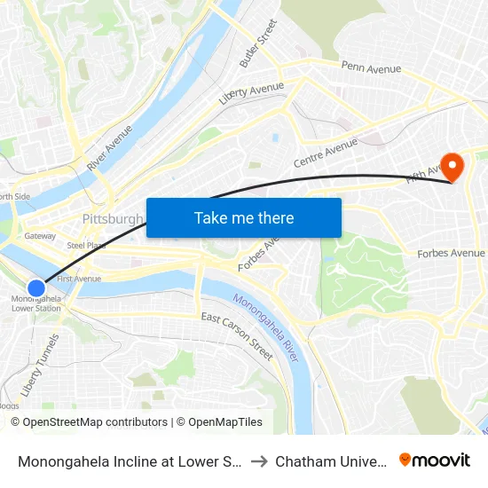 Monongahela Incline at Lower Station to Chatham University map